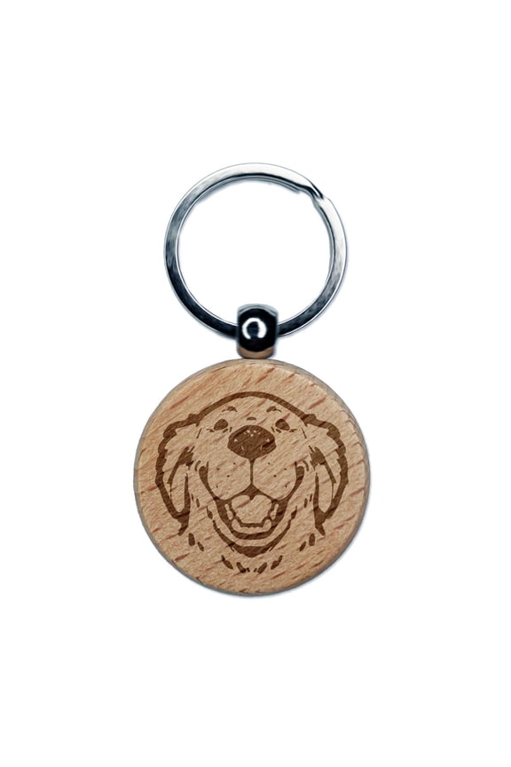 Smiling Goofy Golden Retriever Dog Engraved Wood Round Keychain Tag Charm