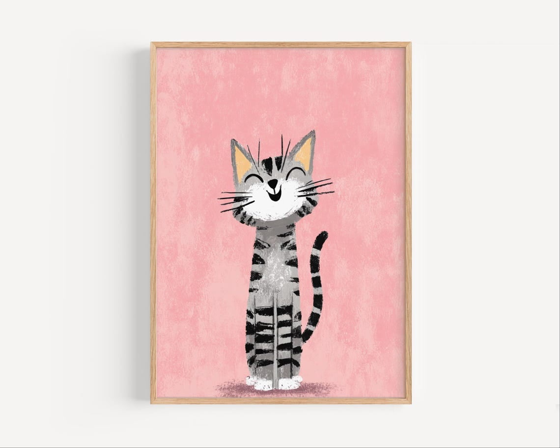 Smiling Gray Tabby Cat Wall Art – Cute Poster For Nursery Or Room Decor ...