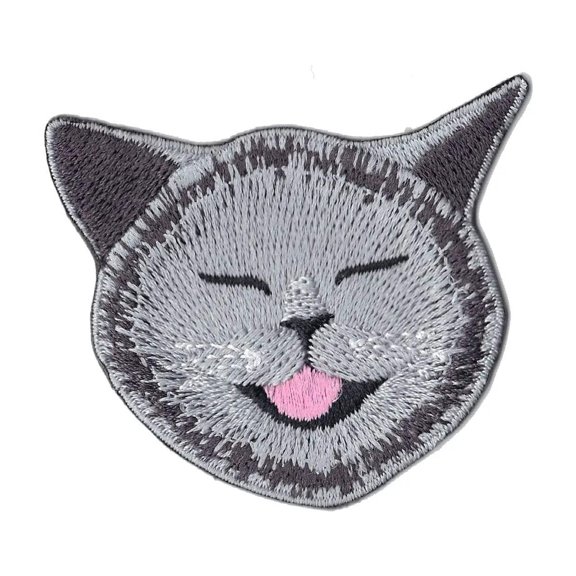 Smiling Grey Cat Embroidered Iron On Patch