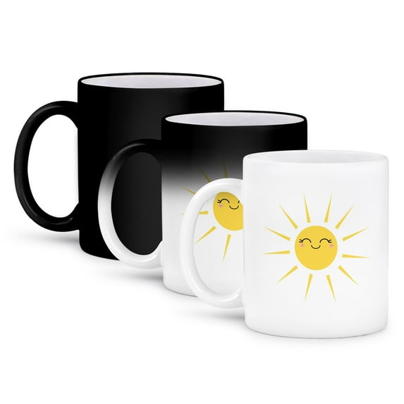3dRose, Smiling happy sun - cute kawaii yellow sunny smiling face - summery sunshine on white - sweet summer, 11oz Magic Transforming Mug