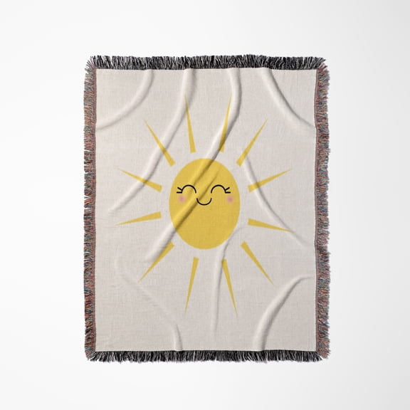 Smiling Happy Sun - Cute Kawaii Yellow Sunny Smiling Face - Summery Sunshine On White - Sweet Summer, Woven Blanket