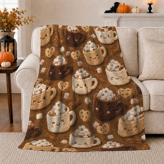 Smiling Hot Cocoa Mugs with Marshmallows Cookies and Cinnamon Sticks, Cute Winter Style for Cocoa Lovers, Cozy Flannel Blanket for Bedroom and Family Room, Christmas Gift, Home Decor