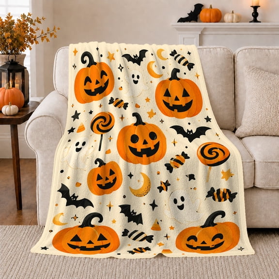 Smiling Jack O Lantern Pumpkins with Ghosts Bats Crescent Moons Candy and Stars, Playful Halloween Graphic Art Cozy Flannel Blanket for Playroom and Family Room, Halloween Gift, Home Decor