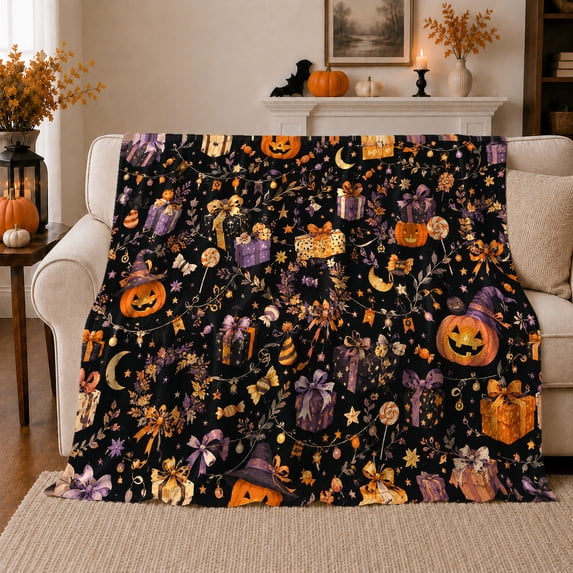 Smiling Jack-O'-Lanterns Wrapped Presents Halloween, Festive Halloween Scene, Warm Flannel Blanket for Living Room and Family Room, Art Lovers Halloween Gift, Festive Home Decor