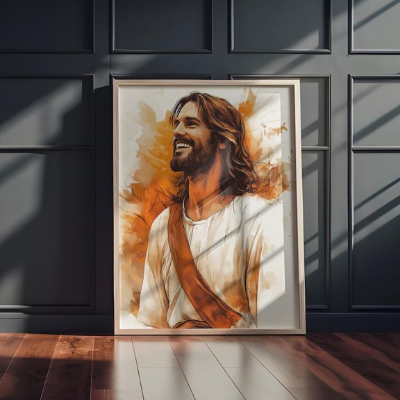 Smiling Jesus Portrait Christian Joyful Christ Faith Inspired Religious For Home And Prayer Room Wall Art Print