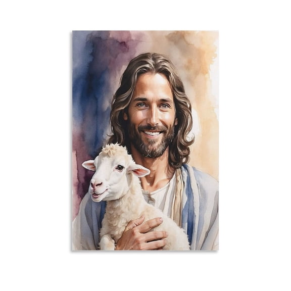 Smiling Jesus Wall Art Jesus Holding The Lamb Typographic Poster Bible Watercolor Art Gifts Canvas Painting Poster Wall Art Decorative Picture Prints Modern Decor 16x24inch(40x60cm)