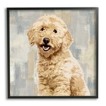 Smiling Labradoodle Dog Patchwork Grey Beige Pattern Animals & Insects Framed Art Print Wall Art, 17x17