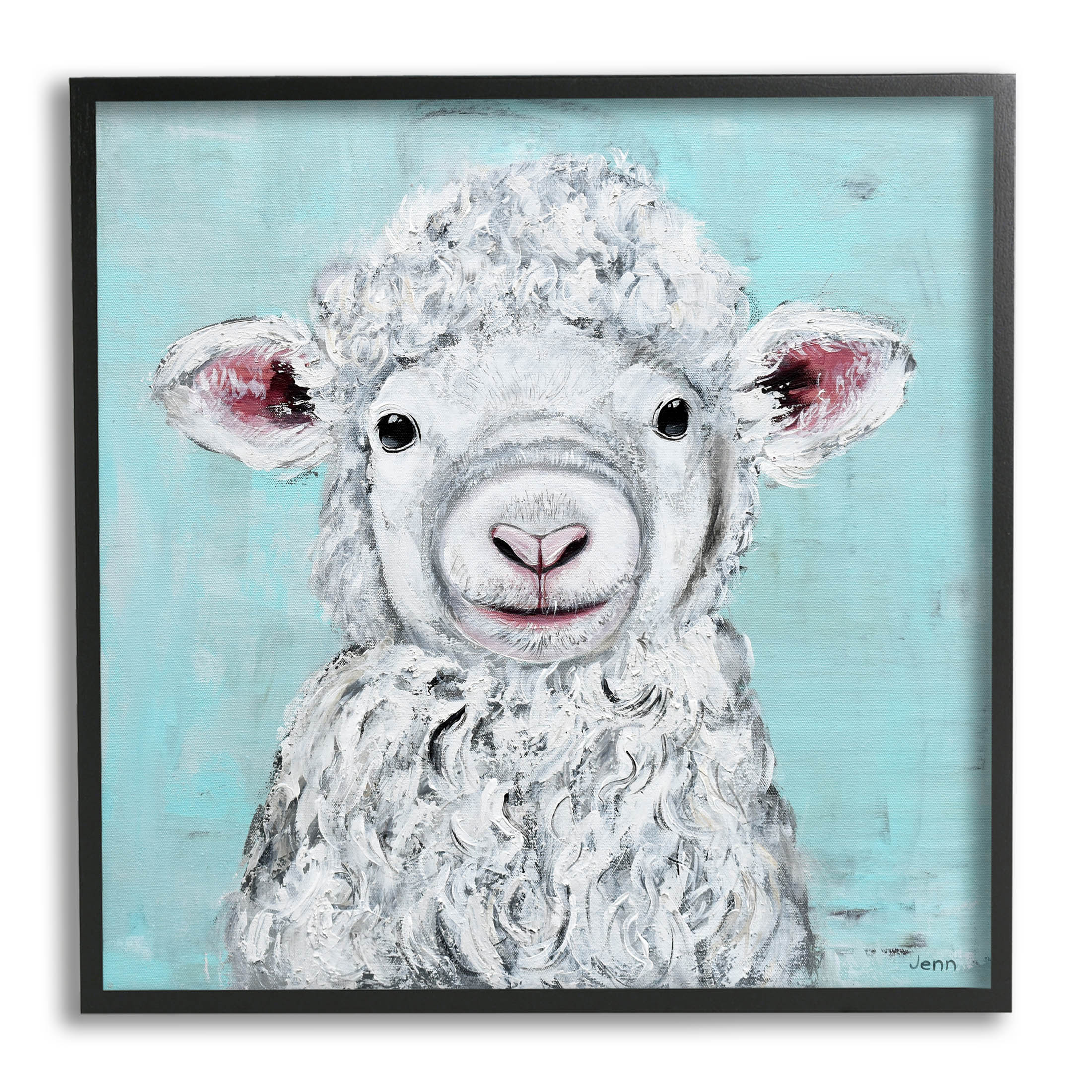 Smiling Lamb Farm Animal Face Animals & Insects Painting Black Framed Art Print Wall Art