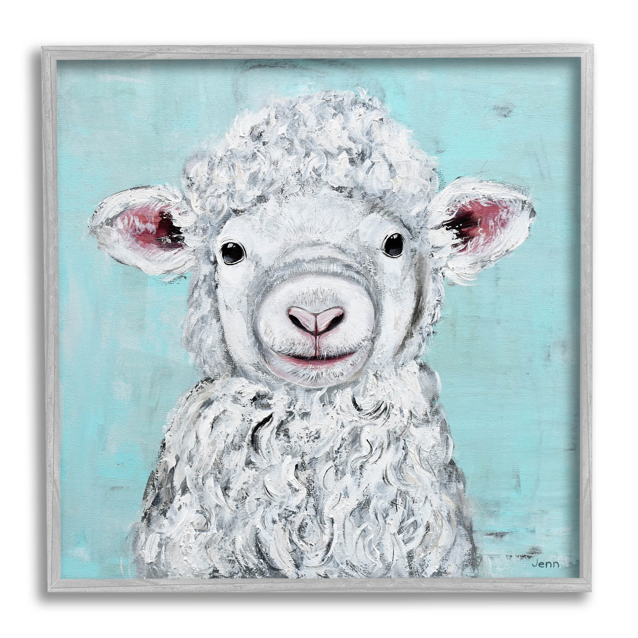 Smiling Lamb Farm Animal Face Animals & Insects Painting Gray Framed Art Print Wall Art