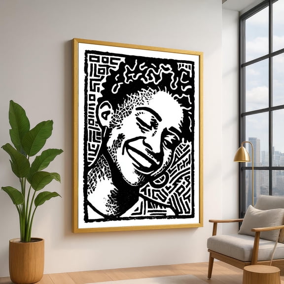 Smiling Man Portrait, Black And White Abstract Wall Art, Modern Tribal Face Design, Graphic Expression, Home Decor Art UNFRAMED Poster, Wall Art for Decor, Present, 16x24