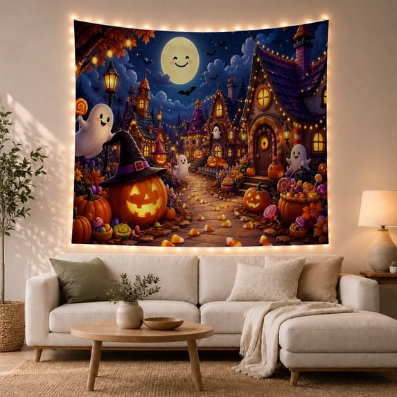 Smiling Moon Over Halloween Village Path with Ghosts, Playful Gothic for Kids, Village Wall Decor, Halloween Gift, Tapestry Wall Hanging for Bedroom and Playroom