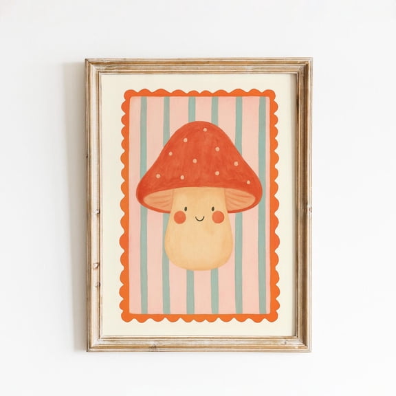 Smiling Mushroom Poster – Cute Nursery Wall Art, Unframed Poster Size 8x12