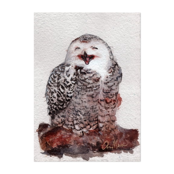 Smiling Owl - Illustration Watercolor Animal Wildlife Humor Bird Unframed Wall Art Print 4 x 6 inches