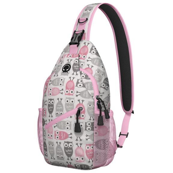 Smiling Owl Pattern Sling Backpack, Fluffy Cartoon Owl and Starry Night Sky Print Crossbody Bag, Cute Night Owl Design for Forest Lovers