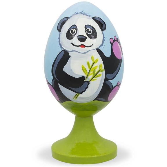 Smiling Panda with Bamboo Wooden Easter Egg Figurine