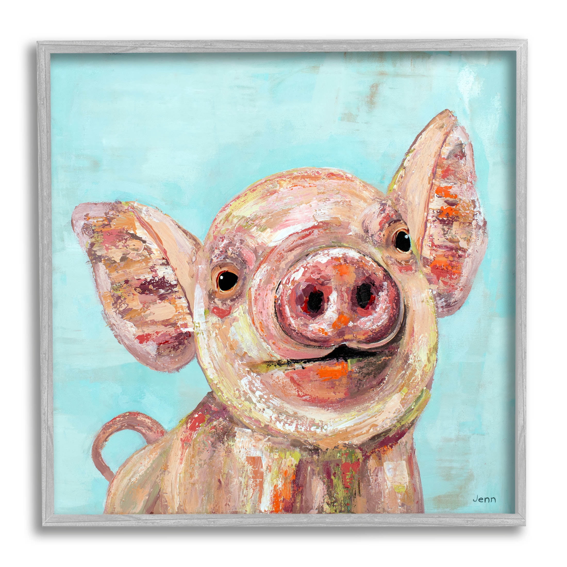 Smiling Pig Farm Animal Animals & Insects Painting Gray Framed Art Print Wall Art
