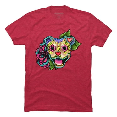 Smiling Pit Bull in Fawn - Day of the Dead Pitbull - Sugar Skull Mens Red Heather Graphic Tee - Design By Humans  3XL