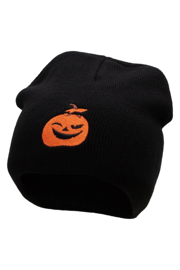Smiling Pumpkin Embroidered 8 Inch Short Beanie - Black OSFM