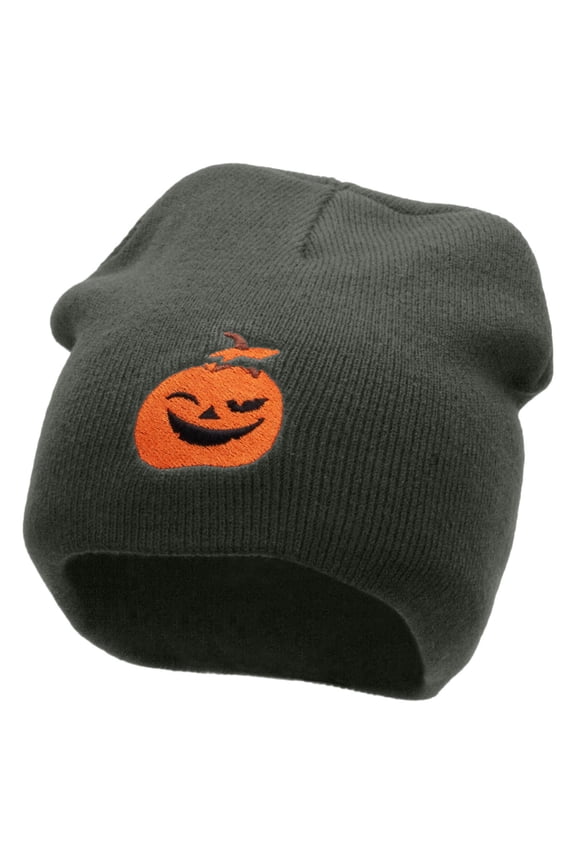 Smiling Pumpkin Embroidered 8 Inch Short Beanie - Dk Grey OSFM