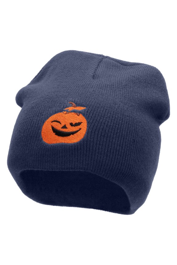 Smiling Pumpkin Embroidered 8 Inch Short Beanie - Navy OSFM