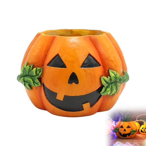 Smiling Pumpkin Resin Planter, Leaf-Decorated Plants Pot for Halloween Fall Tabletop Display