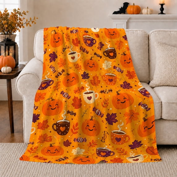 Smiling Pumpkins And Steaming Cups, Playful Autumn Cartoon Pattern Composition, Halloween Gift for Autumn Art Enthusiasts, Cozy Flannel Blanket with Home Decor for Living Room and Bedroom