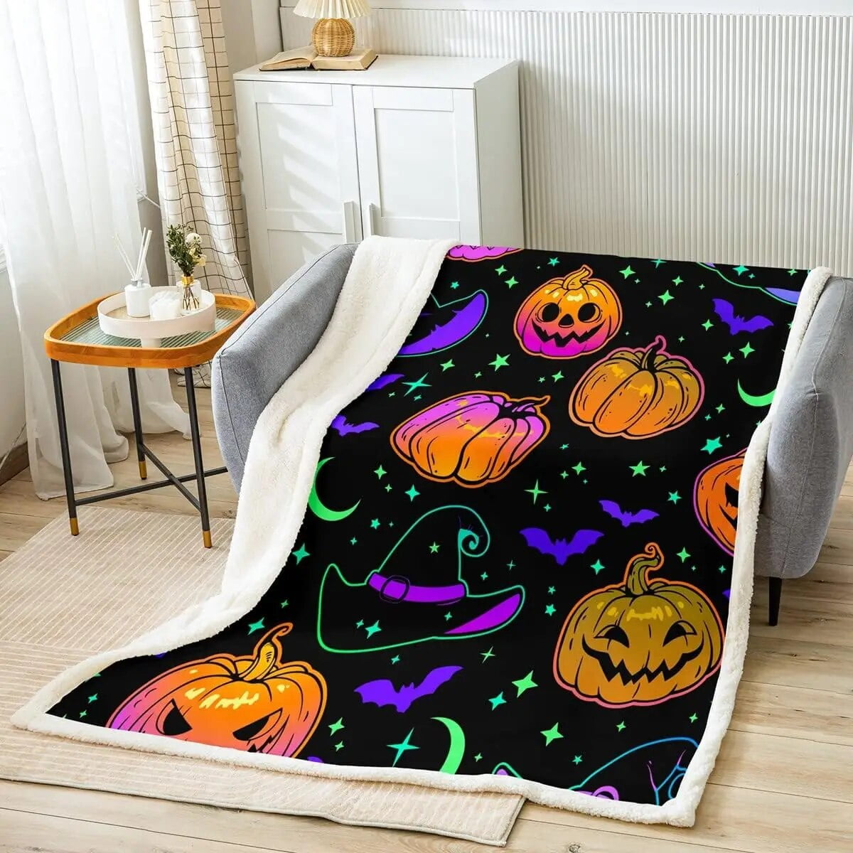 Smiling Pumpkins Throw Blanket Halloween Starry Sky Bat Bed Blanket for