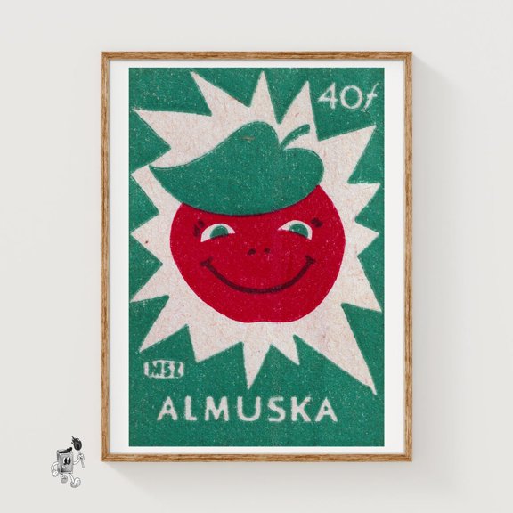 Smiling Red Apple Czech Matchbox Wall Art Decor Unframed Paper Print