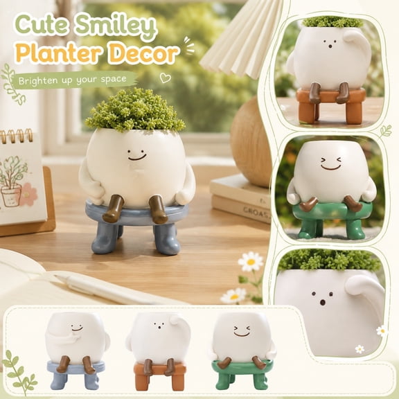 Smiling Resin Figurine Desktop Decor Cute Mini Ornament for Office Desk Home Bookshelf - Whimsical Cloud-Like Design with Green Pants Brown Hands for Students Adults