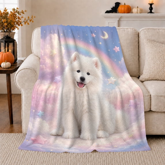 Smiling Samoyed Pastel Rainbow Moon Dreamy Sky, Peaceful Pet Portrait Pattern, Warm Flannel Blanket for Living Room and Reading Nook, Dog Lovers Friendship Gift, Pet Lover Home Decor