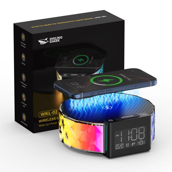Smiling Shark Wake Up Light, WKL-02 Bedside Alarm Clock Light Wireless Charger with 3 Night Light and RGB Mode Touch Control Nightlight Alarm Clocks Charging with Snooze Mode for Heavy Sleeper Bedroo