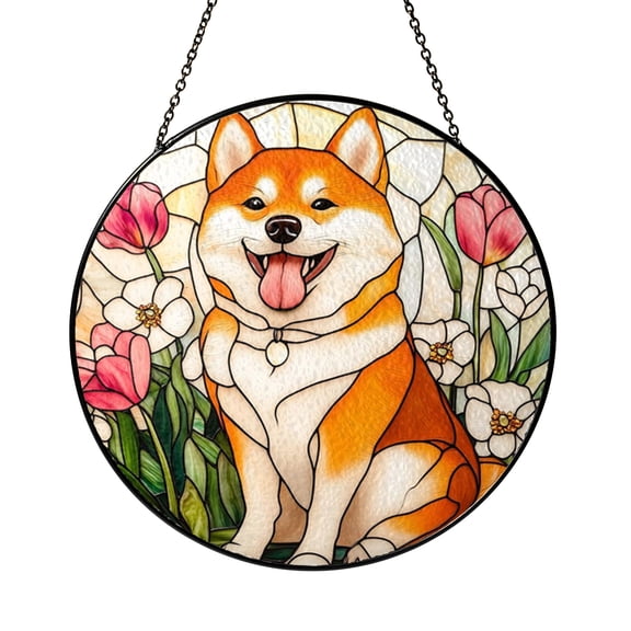 Smiling Shiba Inu Dog Design Stained Glass Style Window Hanging Suncatcher, Cheerful Animal Art Gift