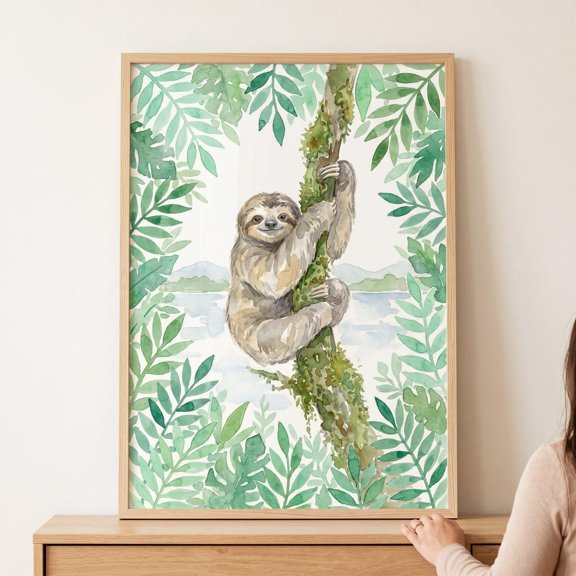 Smiling Sloth Climbing Rainforest Tree Wall Art Print, Tropical Jungle Animal Nursery Decor