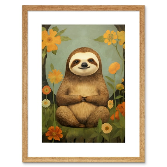 Smiling Sloth Meditating in Forest Flowers Kids Bedroom Artwork Framed Wall Art Print 9X7 Inch