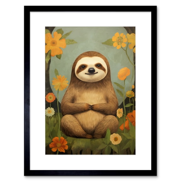 Smiling Sloth Meditating in Forest Flowers Kids Bedroom Artwork Framed Wall Art Print 9X7 Inch