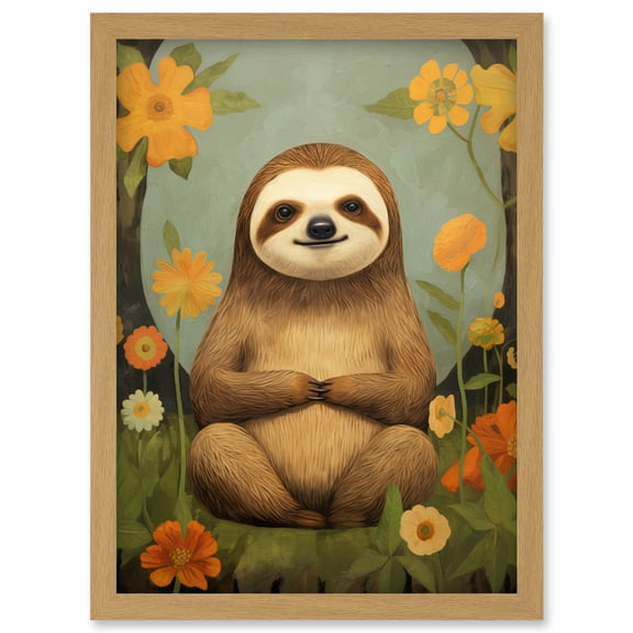 Smiling Sloth Meditating in Forest Flowers Kids Bedroom Artwork Framed Wall Art Print A4