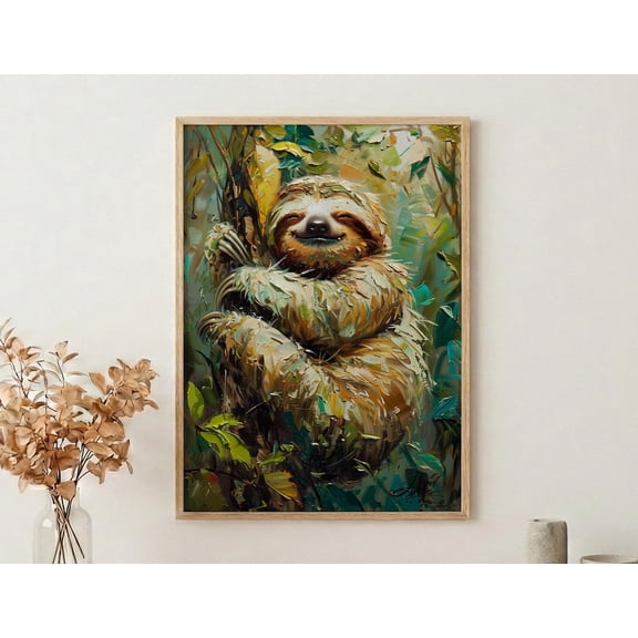 Smiling Sloth Rainforest Art Cute Jungle Animal South America Impasto Nursery, Unframed Poster