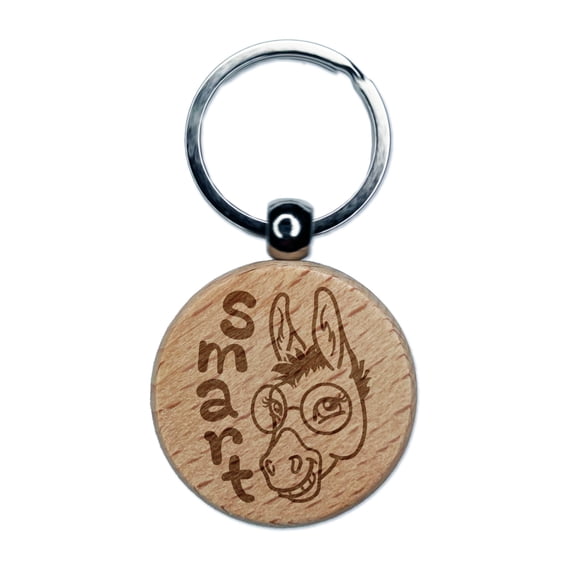 Smiling Smart Donkey with Glasses Round Keychain Charm Tag - Engraved Wood