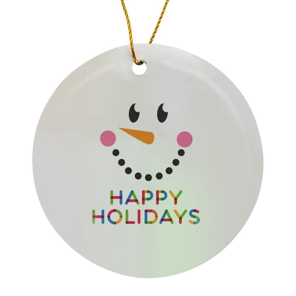3drose, Smiling Snowman Face. Colorful Text Happy Holidays, Circle Porcelain Ornament