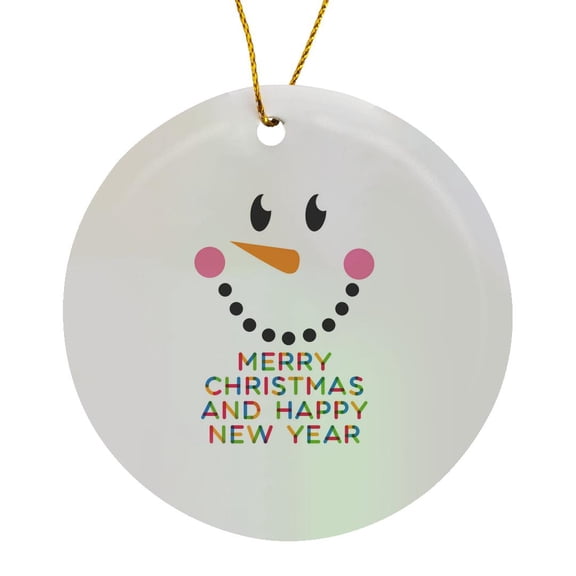 3drose, Smiling Snowman Face. Stylish Text Merry Christmas and Happy New Year, Circle Porcelain Ornament