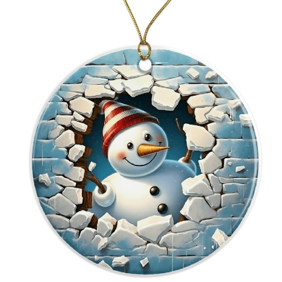 Smiling Snowman Ornament - Cute Winter Holiday Decor - Christmas Tree Festive Ornament - Fun Christmas Gift Idea Ceramic Ornament - 3 Inch Christmas Tree Round Ornament - Xmas Holiday Decor ORNW0172