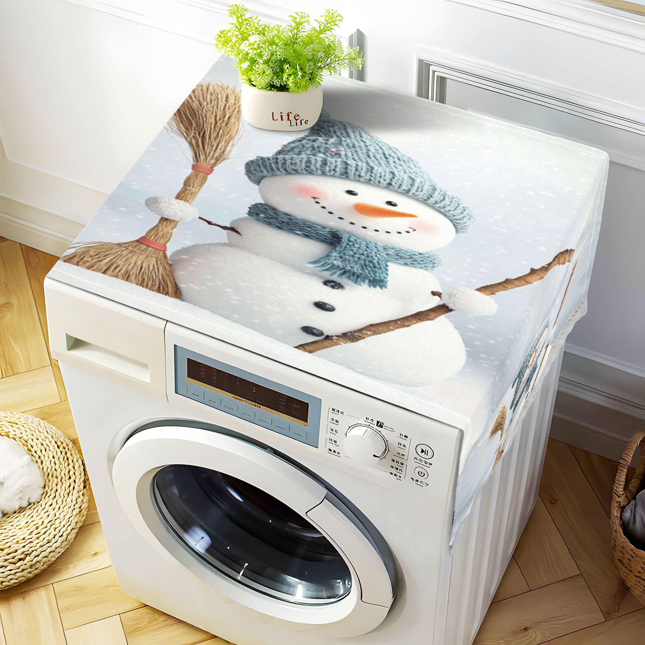 Smiling SnowmanWasher and Dryer Covers Dust-Proof and Oil Resistant Fridge Cover with 4 Storage Pockets Washing Machine Top Cover for Laundry Kitchen Home 51.2 x 22 In