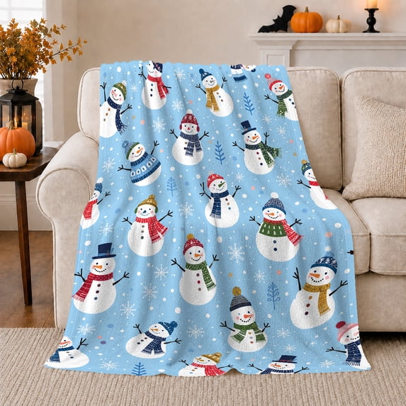 Smiling Snowmen with Colorful Hats Scarves Snowflakes and Blue Winter Sky, Cheerful Holiday Art for Kids, Warm Flannel Blanket for Playroom and Bedroom, Christmas Gift, Home Decor