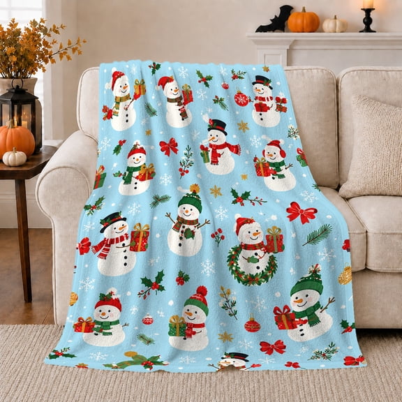 Smiling Snowmen with Presents Holly and Snowflakes, Cheerful Christmas Pattern for Kids, Cozy Flannel Blanket for Playroom and Family Room, Christmas Gift, Home Decor
