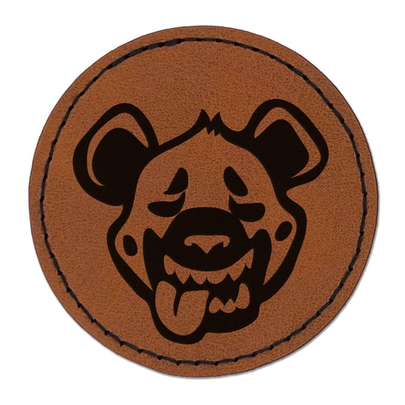 Smiling Spotted Hyena Head 2.5" Faux Leather Round Engraved Iron-On Patch - Brown