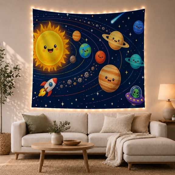 Smiling Sun and Cartoon Planets in Deep Space with Rocket and Comet, Playful Fantasy for Kids, Space-Themed Room Decor, Birthday Gift, Tapestry Wall Hanging for Bedroom and Classroom