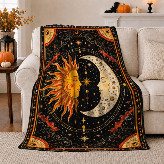 Smiling Sun and Crescent Moon Faces, Dreamy Celestial Style for Moon Lovers, Golden Night Sky Motif and Birthday Gift, Cozy Flannel Blanket for Bedroom and Study Room, Home Decor