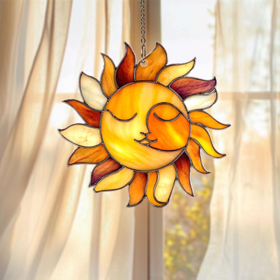Smiling Sun Face Acrylic Suncatcher Colorful Celestial Art Boho Decor Window Hanging
