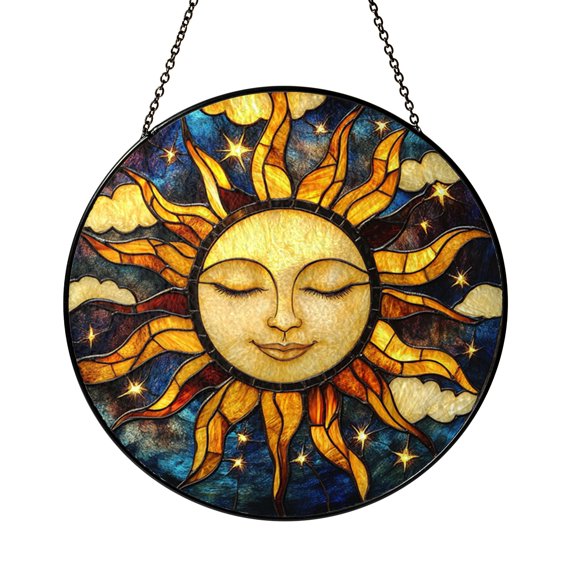 Smiling Sun Face Symbolic Design Stained Glass Style Window Suncatcher Decor, Warm Spiritual Accent Gift