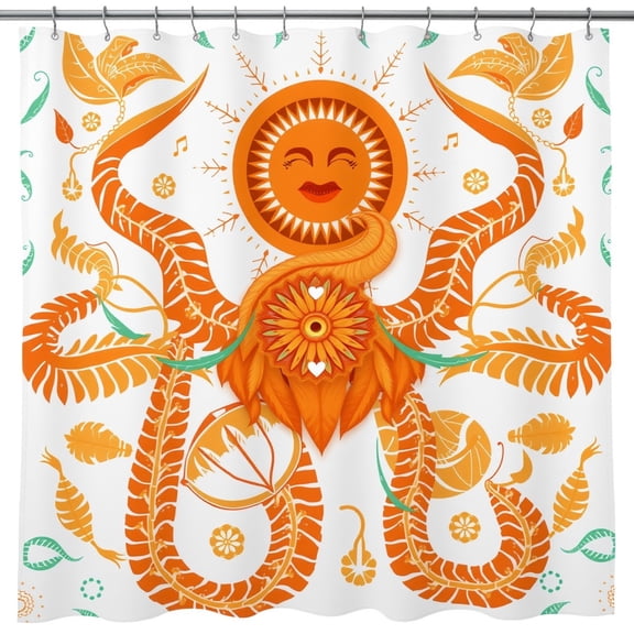 Smiling Sun Floral Shower Curtain - Orange & White Design, Water- Fabric, Soft &, Symmetrical Pattern